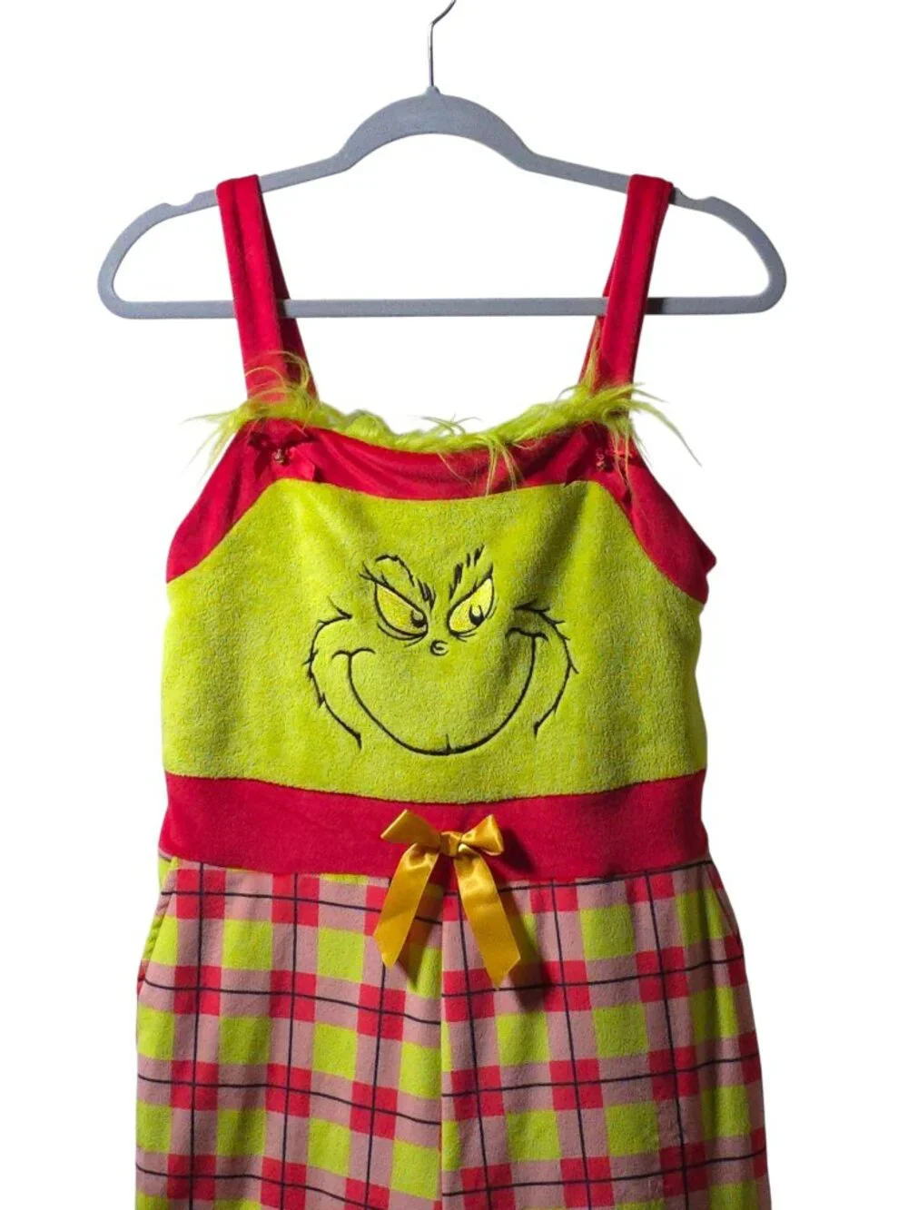The Grinch Small Christmas Pajama Overalls Plaid Fuzzy Trim Dr Seuss Jumpsuit